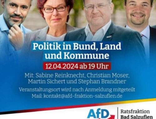 Politik in Bund, Land und Kommune – Vortragsabend mit Sabine Reinknecht, Christian Moser, Martin Sichert und Stephan Brandner am 12.04.2024 ab 19:00 Uhr in Bad Salzuflen