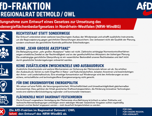 Stellungnahme der AfD-Fraktion im Regionalrat Detmold zum Entwurf eines Gesetzes zur Umsetzung des Windenergieflächenbedarfsgesetzes in Nordrhein-Westfalen (NRW-WindBG)